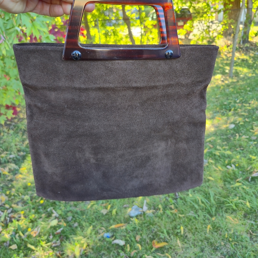 Vintage Brown Suede Lucite Handle Bag, Minimalist , No Brand